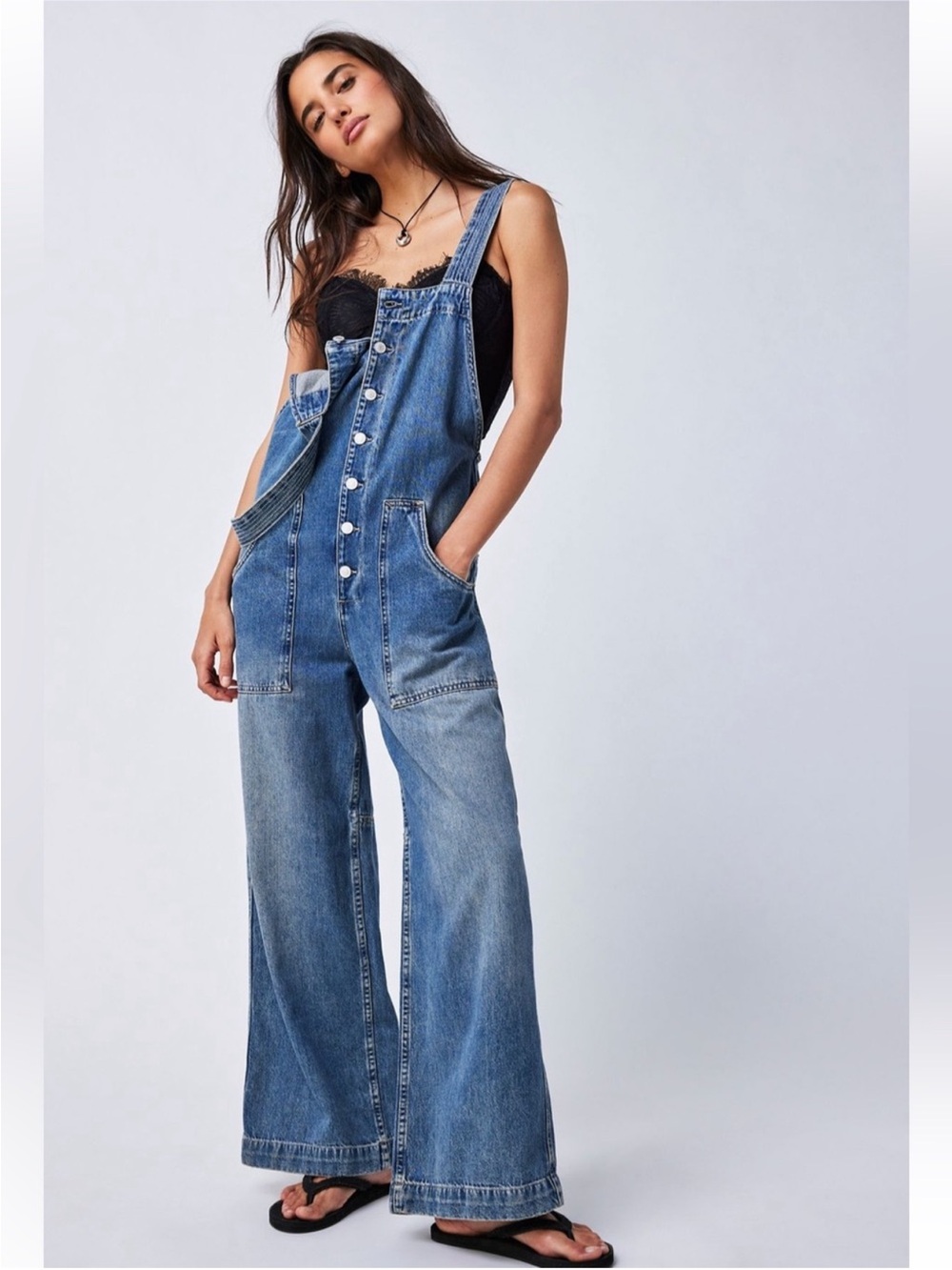 Free People Field of Flowers Wide-Leg Denim Overalls in Medium Blue